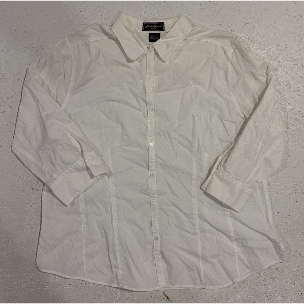 Eddie Bauer Womens XL Button Up 3/4 Sleeve‎ Shirt White Embroidered Collared